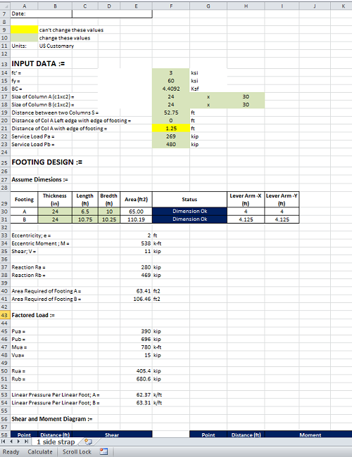 Strap Footing Design Spreadsheet Calculator