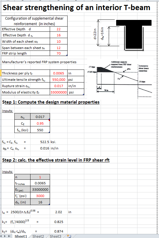 Shear Strengthening of T-beam with FRP Spreadsheet Calculator