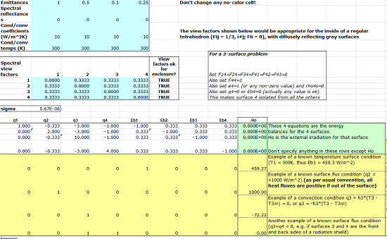 Radiative Fluxes Spectrally Reflecting Grey Surfaces Excel Spreadsheet Calculator