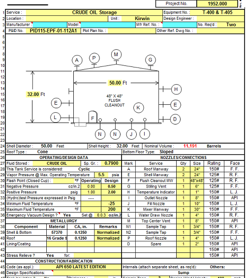 Storage Tank Design Spreadsheet Calculator per. API 650